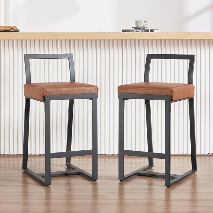 26’’ Modern Bar Stools Set of 2, Upholstered PU Leather Bar Chairs with Backrest Armless Counter Height Stools with Metal Frame for Kitchen Island Dining Room, Brown