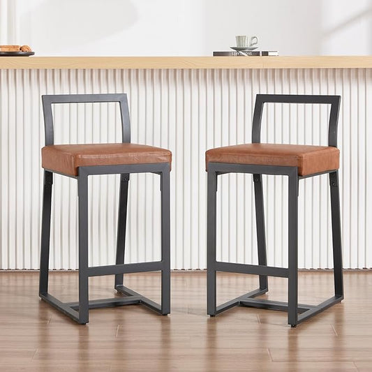 26’’ Modern Bar Stools Set of 2, Upholstered PU Leather Bar Chairs with Backrest Armless Counter Height Stools with Metal Frame for Kitchen Island Dining Room, Brown