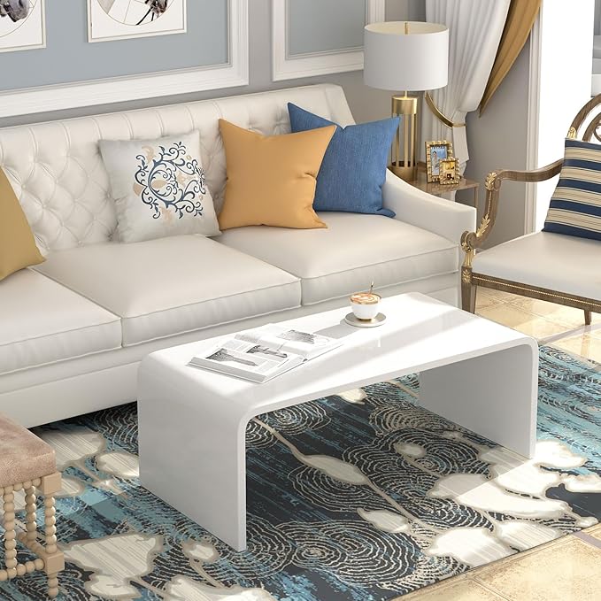32 Inch Ceramic-Gloss White Waterfall Rectangle Coffee Table,Morden Afternoon Tea Table, Stubborn Stains Resistance,Easy Clean, Middle Size Table(32 * 16 * 16) fit for 2 seat Sofa