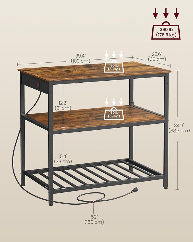 VASAGLE Kitchen Island with 3 Shelves, 39.4 Inches Width Kitchen Shelf with Power Strip, Large Worktop, Stable Steel Structure, Industrial, Easy to Assemble, Rustic Brown and Black UKKI105K01