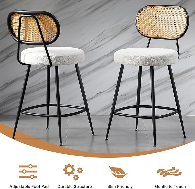 26" Rattan Barstools Set of 2, Counter Height Bar Chair with Black Metal Legs, Modern Armless Sherpa Pub Chair, Adjustable Feetpads Stools for Home Counter, Kitchen Dining Island, Cafe(Beige)