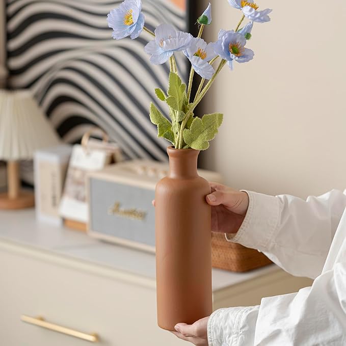 10 Inch Modern Ceramic Vase Set of 3, Neutral Colors, Decorative Bottles for Home, Farmhouse Rustic Decor (Coffee Mix)