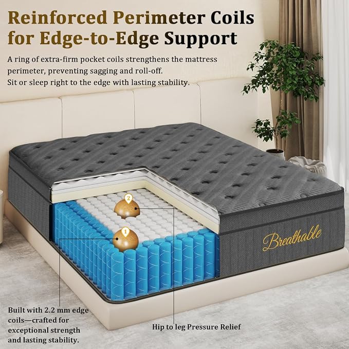 Queen Mattress 14 Inch, Medium Firm Hybrid Mattress with Zoned Support Foam and Pocket Coils for Enhanced Lumbar Comfort and Pressure Relief