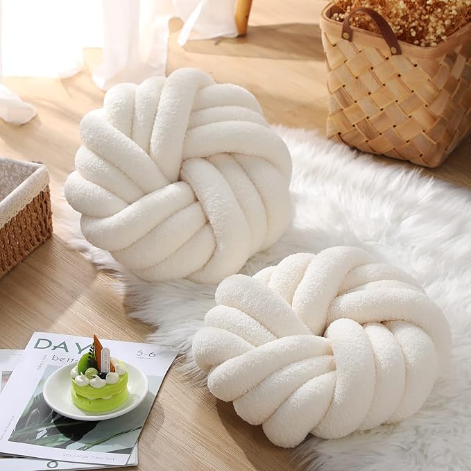 Marsui 2 Pieces Knot Ball Pillows 14 x 14 Inch Decorative Pillow for Couch Bedroom Plush Throw Knot Pillow Soft Handmade Chair Cushion for Living Room Car Decorations(Beige)