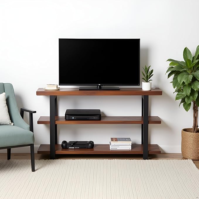 Alaterre Furniture Pomona 48" Solid Pine Wood Media Console Table with 2 Open Shelves and Metal Legs - 3-Tier Storage Display and Rustic Industrial Accent Furniture in Natural Finish