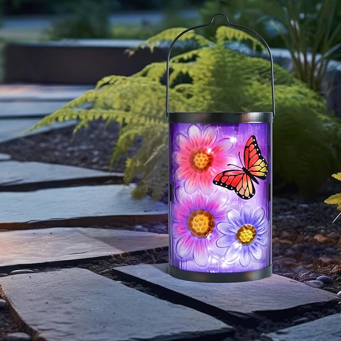 Afirst Hanging Solar Lantern Outdoor Butterfly Glass Lights Waterproof LED Lamp for Garden Yard Tree Desk Decor