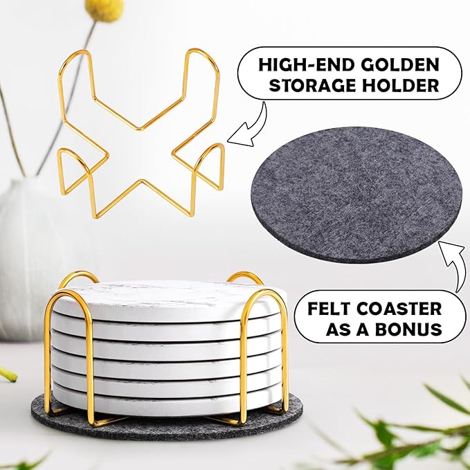 GOH DODD Coasters for Drinks Set of 6, Absorbent Marble Style Ceramic Coaster Tabletop Protection Home Decor with Metal Holder for Coffee Table, Housewarming Gifts Wedding Party, White, Round, 4 Inch