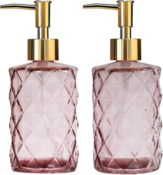 Glass Soap Dispenser with Gold Plastic Pump, 12oz Refillable Liquid Hand Soap Dispenser, 2 Pack Crystal Lotion Bottle for Modern Home Decor, Bathroom, Kitchen Countertop, Hotel