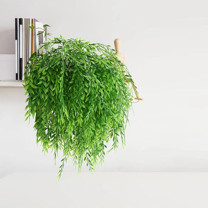 summer flower 8pcs Fake Plants Weeping Willow Artificial Greenery Stems Hanging Planter Faux Plant Indoor Home Bathroom Decor UV Resistant for Outdoor Shelf Garden Wall Front Porch Party Decorations