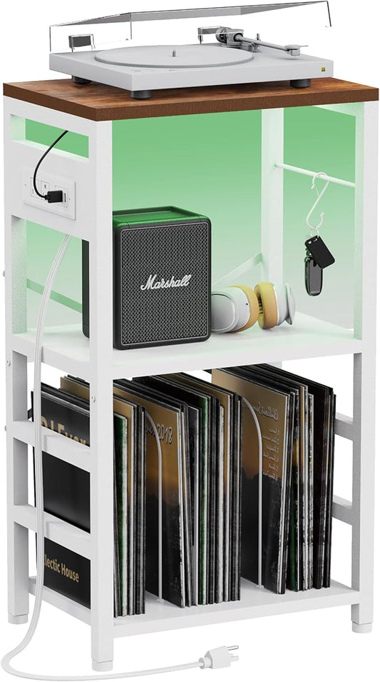 End Table with LED Light,Record Player Stand with Charging Station,Vinyl Records Storage,Turntable Stand Albums Storage for Music Room Studio-Industry White