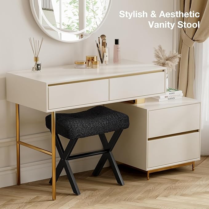 18-Inch Vanity Stool Chair, Vanity Bench with Metal X-Legs, Ottoman Accent Stool with Breathable and Soft Boucle Fabric Saddle Seat, Black