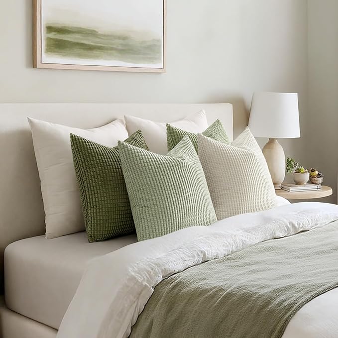 MIULEE Modern Farmhouse Decorative Lumbar Pillow Covers 18x18 Inch Set of 4 Natural Rustic Throw Pillows Neutral Warm Soft Corduroy Couch Pillowcases Home Decor for Sofa Living Room Bed Light Green
