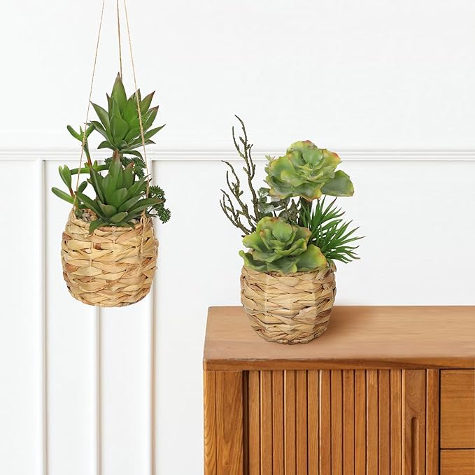 10" Large Succulents Plants Artificial in Wooden Pots, Fake Succulents in Woven Pots, Faux Succulent Artificial Plants Indoor for Home, Bedroom, Living Room, Bathroom Desk Shelf Table Decor