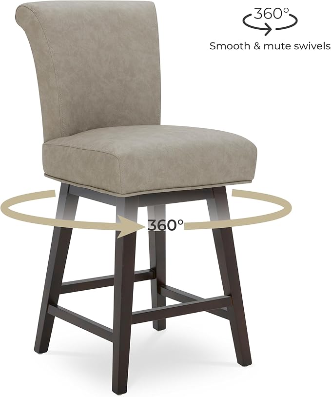 CHITA 26 Inch Counter Height Swivel Bar Stool, FSC Certified Modern Upholstered Faux Leather Swivel Barstool Chair with Back, Stone Gray
