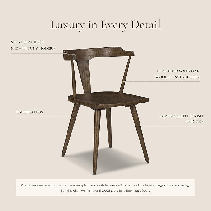 POLY & BARK Mid Century Modern Enzo Black Dining Chair – Solid Oak Wood Splat Back Chair, 18" Seat Height, 32" Tall – Stylish MCM Kitchen & Dining Room Chair