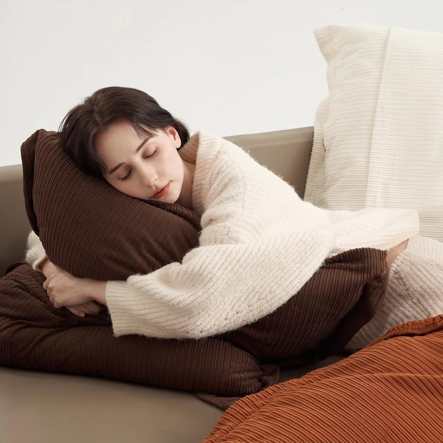 Set of 3 Super Soft Vintage Oversized Pillow Covers 26x26inch, Striped Corduroy Decorative Cushion, Home Decor for Expansive Living Rooms & Bedrooms (Earthy Brown, Rust & Cream