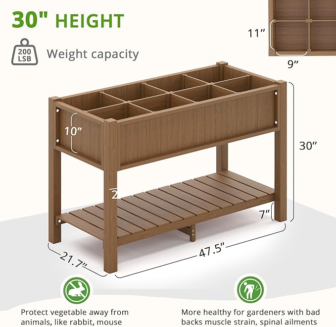 LUE BONA Elevated Planter Box with Legs and Shelf, 47 * 21 * 30in, 8 DIY Pocket HDPS Raised Garden Bed with Tools, 3-Year Warranty, No Crack, Large Outdoor Herb Raised Beds for Gardening Vegetables