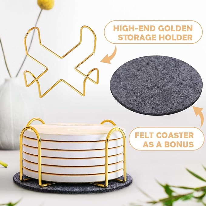 GOH DODD Coasters for Drinks Set of 6, Absorbent Marble Style Ceramic Coaster Cup Coasters Tabletop Protection Home Decor with Metal Holder for Housewarming Gifts Wedding Party, Beige, Round, 4 Inch