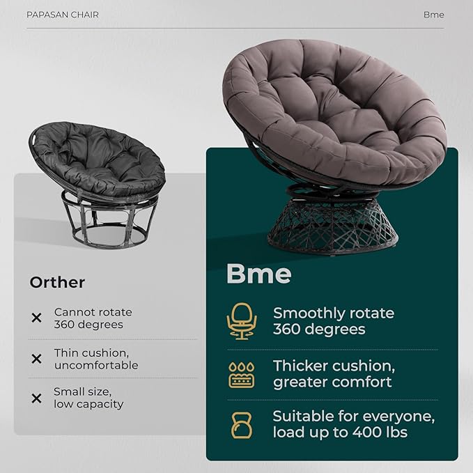 Bme 40" Ergonomic Wicker Papasan Chair with Soft Thick Cushion & Frame, 360° Swivel, Circle, Reading, Comfy Chair for Living Room, Bedroom