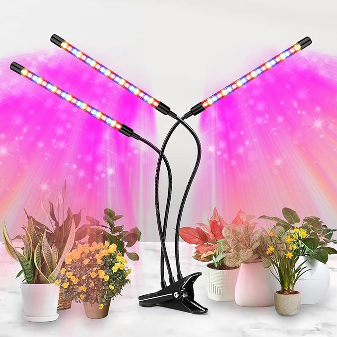 LED Grow Light, 3 Heads Red Blue White Full Spectrum Plant Light with Clamp for Indoor Plants & Seed Starting, 10-Level Dimmable, Auto On Off, Timing 4 9 12Hrs