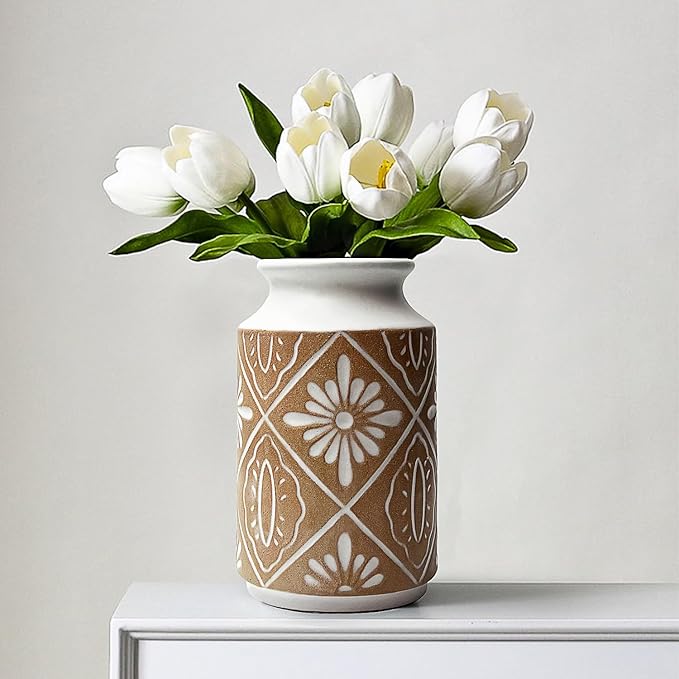 Rustic Ceramic Vase Set of 2 for Living Room Bedroom 11.02'' and 9.05'' Large Unique Flower Vases for Home Decor Office Centerpieces Fireplace Vintage Antique Farmhouse Modern Gift for Plant