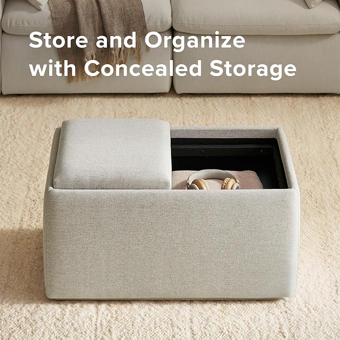 mopio Levi Storage Bench with Reversible Tray, Modern Storage Coffee Table, Bedroom Bench, Rectangular Cube Upholstered Coffee Table Ottoman for Living Room, Bedroom, Entryway (Fabric, Light Gray)