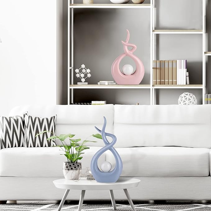 Pink White Modern Sculpture Table Decorations, Ceramic Knick Knacks Statues for Living Room Decor, Tv Stand and Desk Decor, Suitable for Coffee Tables and Shelf Decorations, Great Gift Idea