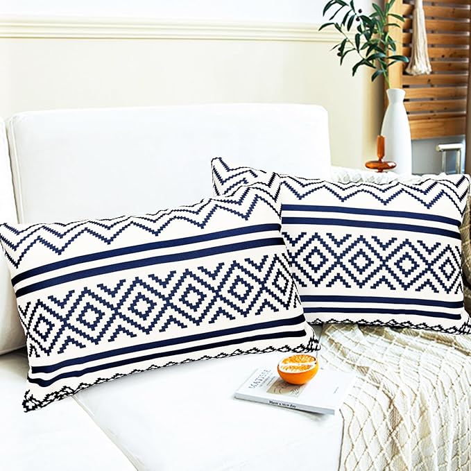 Decorative Throw Pillow Covers Set of 2 Blue Boho Pillow Covers 12x20 Inch Throw Pillow Cover Linen Pillowcase Modern Farmhouse Outdoor Pillow Covers for Couch Sofa Bed Living Room