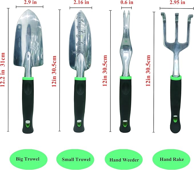 Garden Tools Set, 5 Piece Aluminum Hand Tool Kit with Ergonomic Handle, Heavy Duty Gardening Tools Include Hand Trowel, Transplant Trowel, Hand Rake, Weeder and Shears (Green)