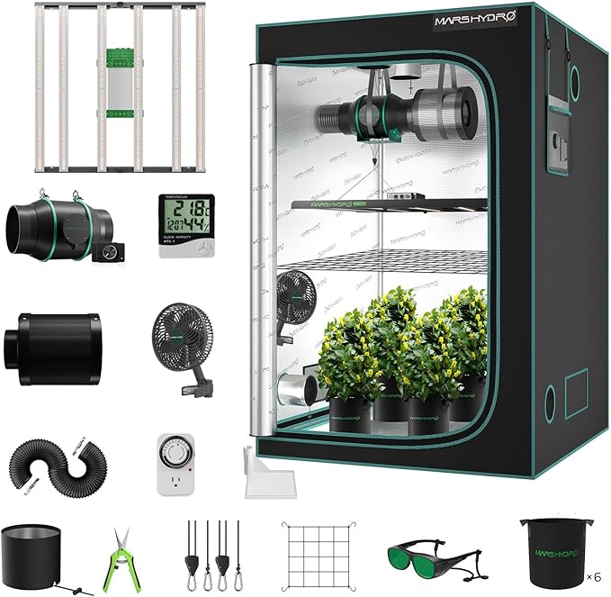 MARS HYDRO 4x4 Smart Grow Tent Kit Complete System,480W FC-E4800 APP WIFI Control Light 2646pcs LED,1680D High Reflective Mylar,with 6inch 32dB,402CFM Adjustable Ventilation Kit,10 Speed Grow Tent Fan