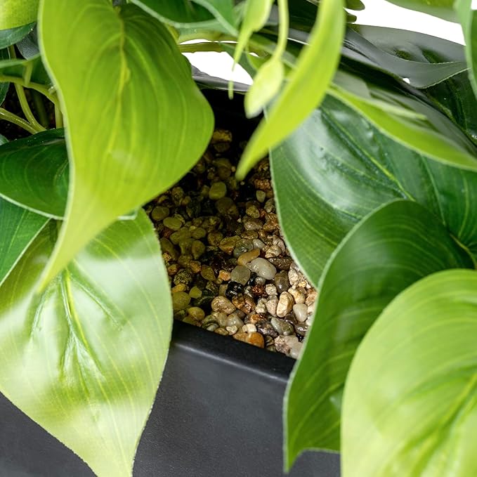 MyGift Vibrant Lifelike Artificial Plant Pothos Leafy Vine Greenery in Black Concrete Rectangular Planter Box