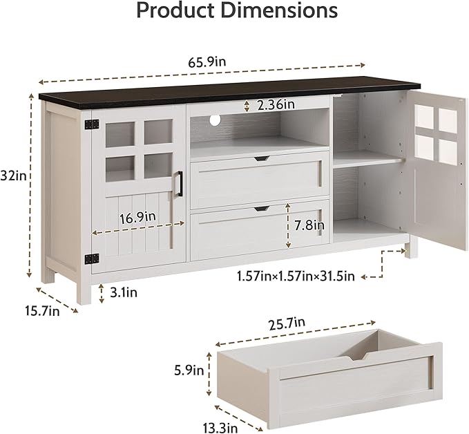 Farmhouse TV Stand for 65 Inch TVs, Entertainment Center with Adjustable Shelves, 2 Barn Doors and Drawers, Storage Media Cabinet for Living Room or Bedroom-White