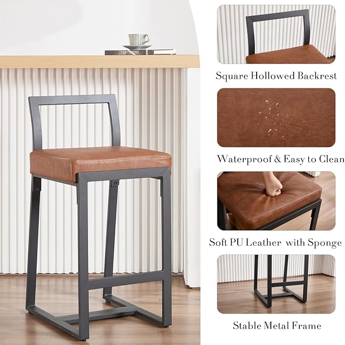 26’’ Modern Bar Stools Set of 2, Upholstered PU Leather Bar Chairs with Backrest Armless Counter Height Stools with Metal Frame for Kitchen Island Dining Room, Brown