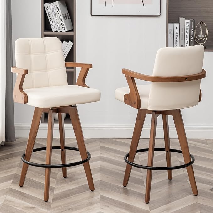 26” Counter Height Bar Stools,Leather Upholstered Bar Chair, Swivel Bar Stools with Back and Arms，Modern Beige Barstool Set of 2 for Kitchen Island