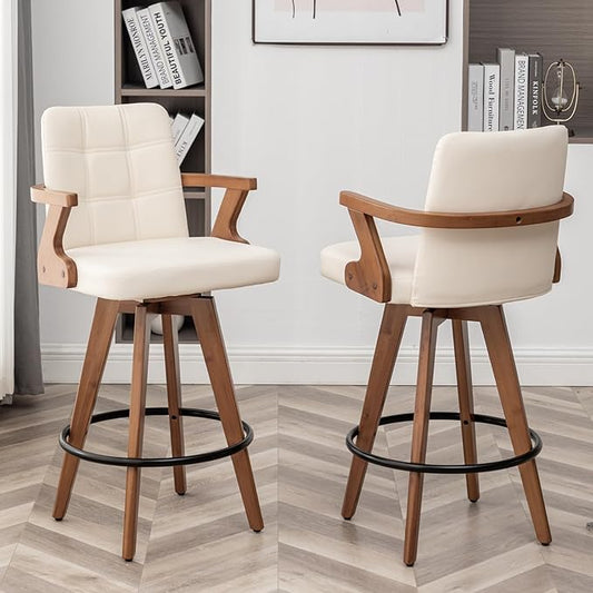 26” Counter Height Bar Stools,Leather Upholstered Bar Chair, Swivel Bar Stools with Back and Arms，Modern Beige Barstool Set of 2 for Kitchen Island