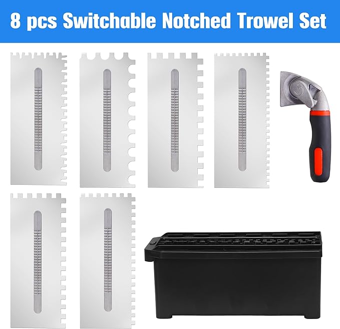 Switchable Notch Trowel Set 8-Piece Kit - Time-Saving No-Swap System, Professional Stainless Steel Tile Tools Ergonomic Grip, for Floor & Wall Tile, Cement, Concrete, Masonry Work