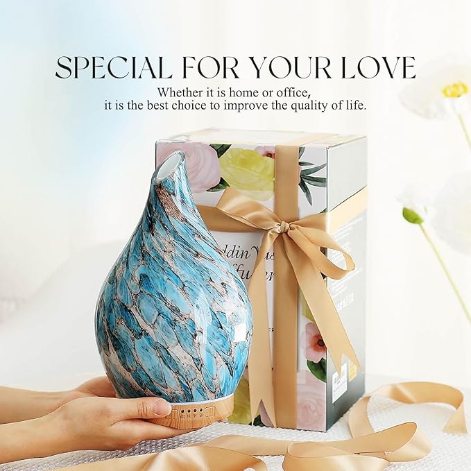 Porseme 280ml Glass Essential Oil Diffuser Aromatherapy Ultrasonic Cool Mist Humidifier 7 Running Hours Waterless Auto-Off Air Diffusers for Sleeping, Yoga, Office Working, Spa and Rest (Light Blue)