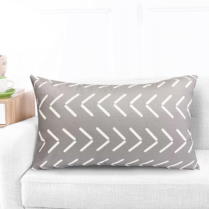 Decorative Throw Pillow Covers Set of 4 Grey Geometric 12x20 Inch Linen Pillow Cases, Farmhouse Outdoor Geometric Pillow Covers for Couch Sofa Living Room