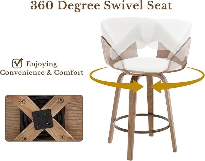 HNY 26 Inch Swivel Bar Stools with Back Set of 6, Beige Linen Upholstered Counter Height Barstools with Solid Bentwood Frame, Round Footrest, Modern Barrel Counter Stools for Kitchen Island, Home Bar