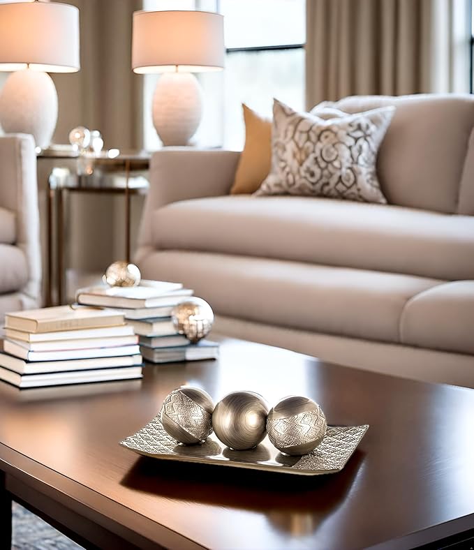 Creative Scents Dublin Silver Decorative Tray and Orbs Balls Set - Centerpiece Bowl with Balls for Dining room Table, Rustic Coffee Table Decor for Living Room Decor, Gift Boxed