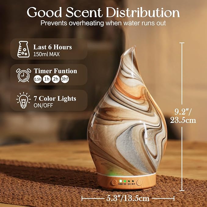 Porseme 150ml Glass Essential Oil Diffuser Aromatherapy Ultrasonic Cool Mist Humidifier 6 Running Hours Waterless Auto-Off Air Diffusers for Sleeping,Yoga,Office Working Spa and Rest (Deep Desert)