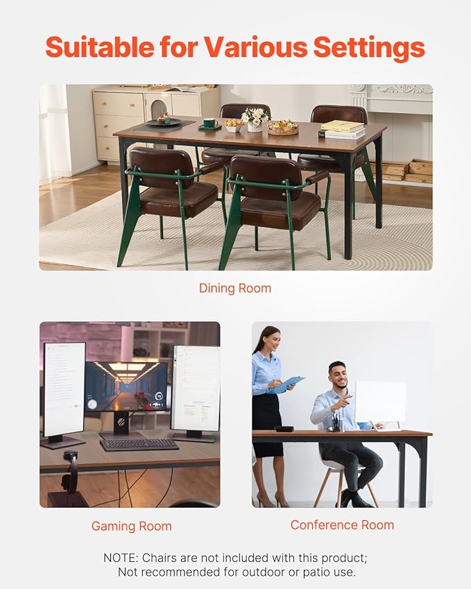 VEVOR Rectangle Dining Table, 71 inch Length Large Wood Tables for 6-8 Person, Farmhouse Dinner Furniture, Rustic Conference Desk with Iron Legs, for Home Kitchen Living Room, Brown(Only Table)