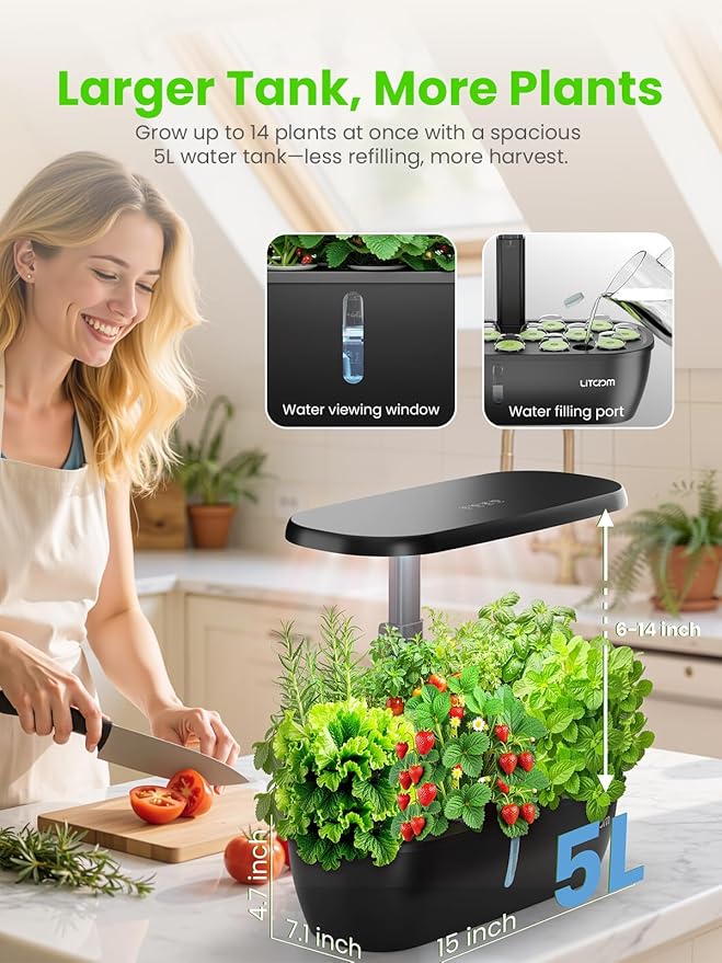litokam Smart Hydroponics Growing System Kit with APP&WiFi Controlled, 15-Pod Indoor Herb Garden Planter with 2 Grow Modes, 24W Growing LED, Pump System, 24H Timer, Indoor Garden for Home