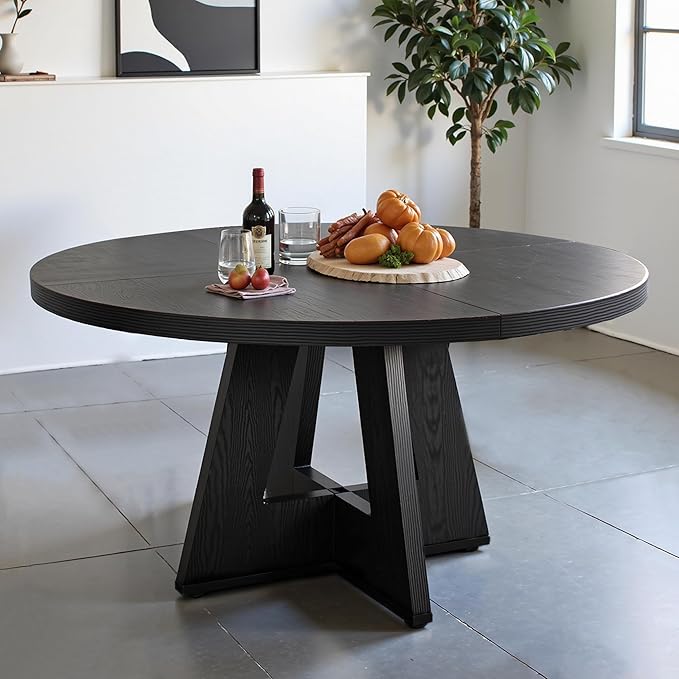 NicBex 47-Inch Round Dining Table for 4, Farmhouse Dinner Table Small Farmhouse Kitchen Tables with Wood Pedestal Base for Dining Room, Kitchen, Living Room, Black