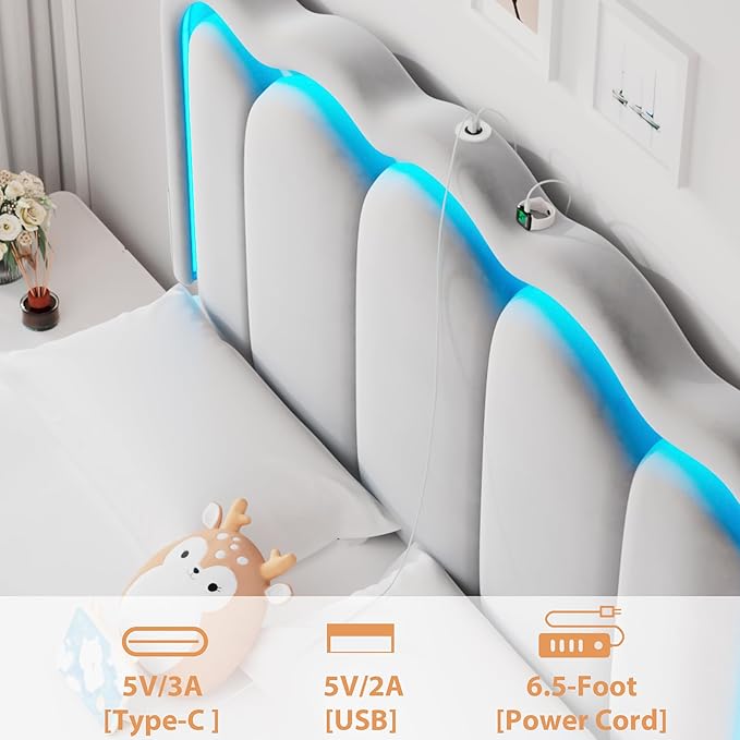 Queen Upholstered LED Bed Frame with 2 Storage Drawers and Adjustable Chic Double Wavy Headboard, Velvet Prince Platform Bed with Charing Station, Solid Wood Slats Support,No Box Spring Needed,Grey