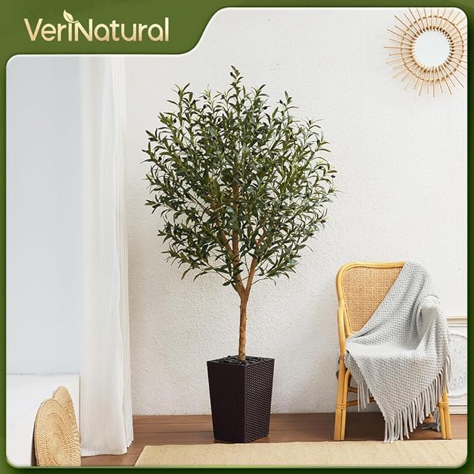 Artificial Olive Tree 6FT, Faux Olive Trees with Real Wood Trunk, UV Resistant Fake Plants in Planter & River Rocks, Indoor Tall Silk Plant for Home Living Room Office Outdoor Decor, VN133