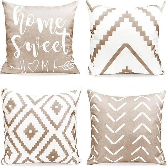 Decorative Throw Pillow Covers 18x18 inch Light khaki Pillow Covers for Couch Sofa Living Room Bedroom,Farmhouse Outdoor Throw Pillow Cover,Modern Geometric Linen Square Throw Pillow Case Set of 4