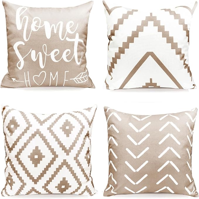 Decorative Throw Pillow Covers Set of 4 Light khaki Pillow Covers 20x20 inch Throw Pillows Linen Square Pillow Case,Farmhouse Modern Geometric Pillow Covers for Couch Sofa Outdoor Living room