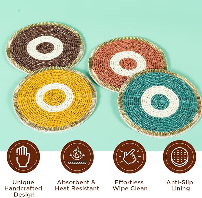 Folkulture Fall Beaded Coasters for Drinks | Set of 4 (4") Round Decorative Bar Coasters for Table Décorations | Cute Boho Coaster Set for Cocktail | Modern Coaster for Coffee Table | Evil Eye Decor