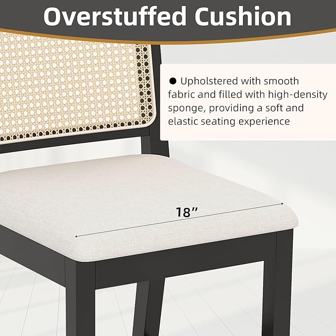 Westice Rattan Bar Stools Set of 6, 26" Farmhouse Counter Height Stools with Natural Rattan Back and Wood Frame, Upholstered Line Fabric Seat Cushion, Wooden Chairs for Kitchen Island/Pub, Black